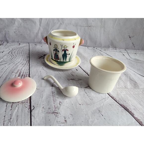 Vintage Danish Folk Art Sugar Dish Condiment Jar Removable Dish Wicker Handle - Picture 5 of 12